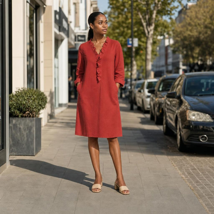 Women's V Neck Ruffled Long Sleeve Dress in Red, front view