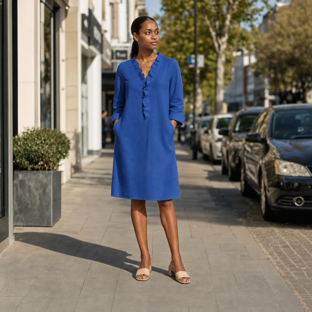 Women's V Neck Ruffled Long Sleeve Dress in Royal Blue, front view