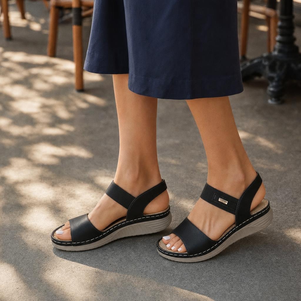 Women's Open Toe Wide Strap Sandals in Black, front view