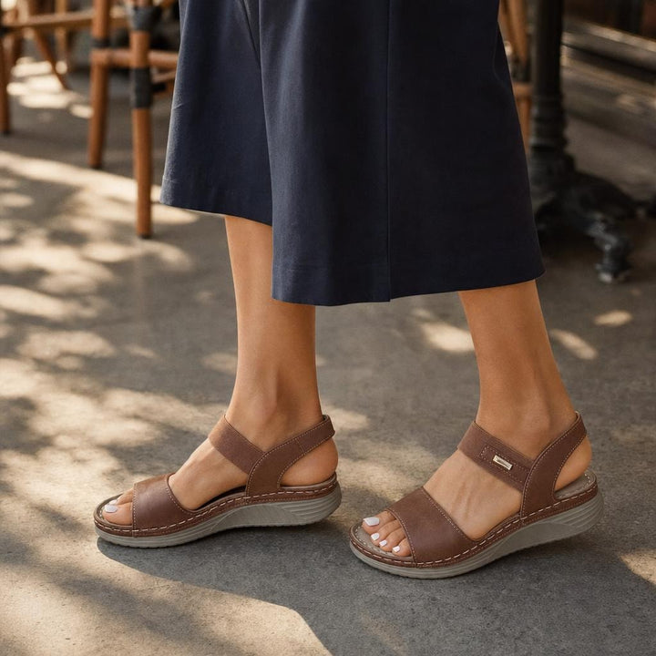 Women's Open Toe Wide Strap Sandals in Brown, front view