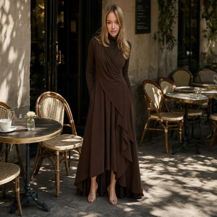 Women's Turtleneck Long Sleeve Maxi Dress in Brown, front view