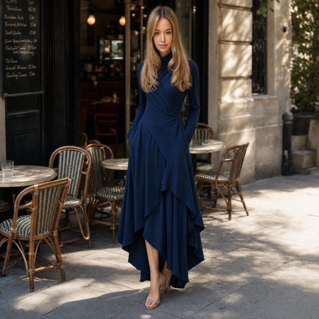 Women's Turtleneck Long Sleeve Maxi Dress in Navy, front view