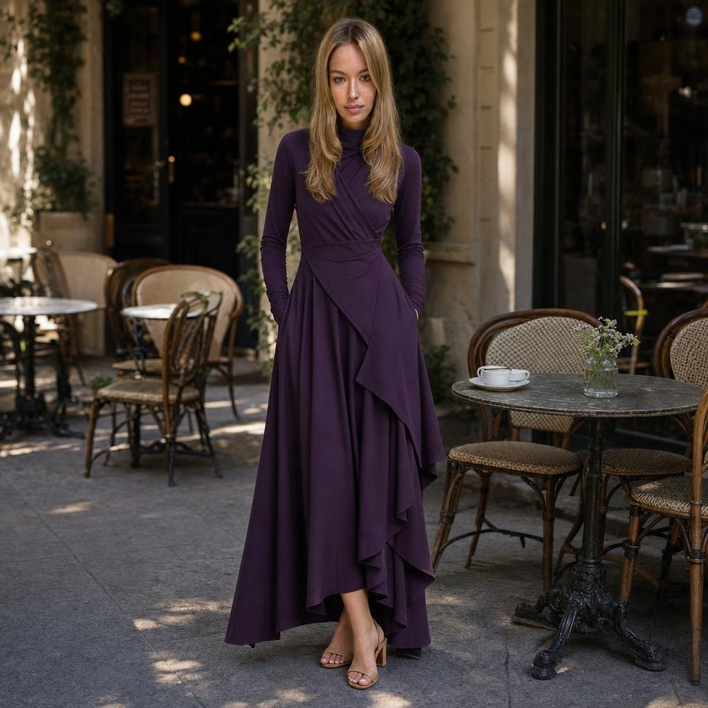 Women's Turtleneck Long Sleeve Maxi Dress in Purple, front view