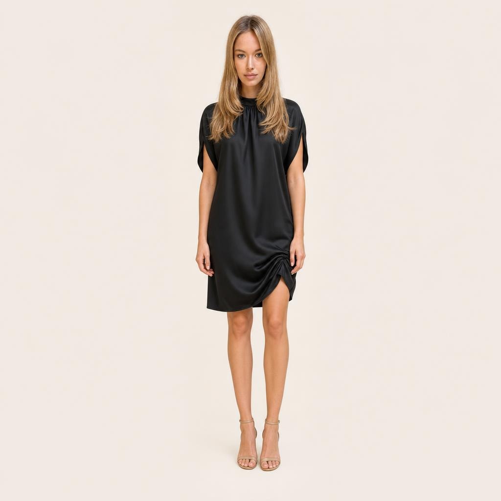 Women's Mock Neck Loose Mini Dress in Black, front view