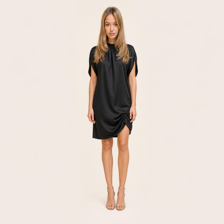 Women's Mock Neck Loose Mini Dress in Black, front view