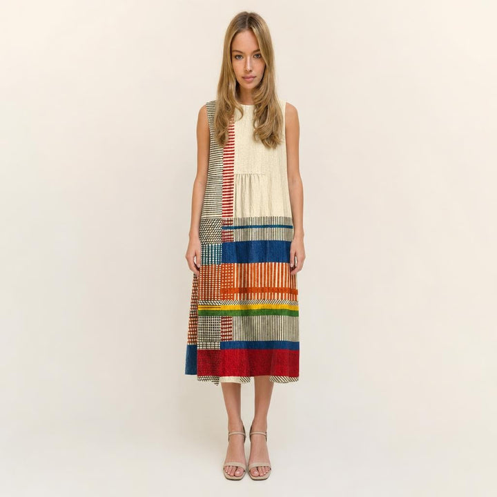 Women's Geometric Print Midi Dress in Beige, front view