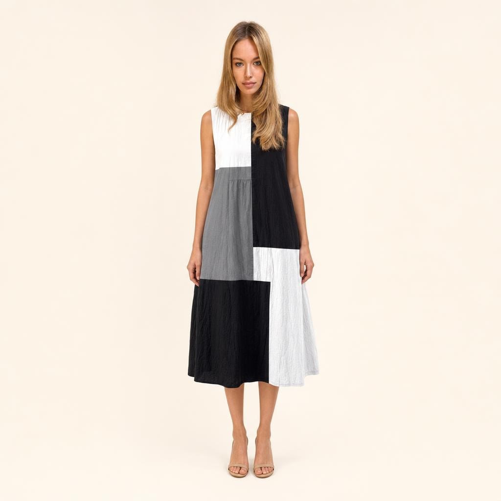 Women's Geometric Print Midi Dress in Black, front view