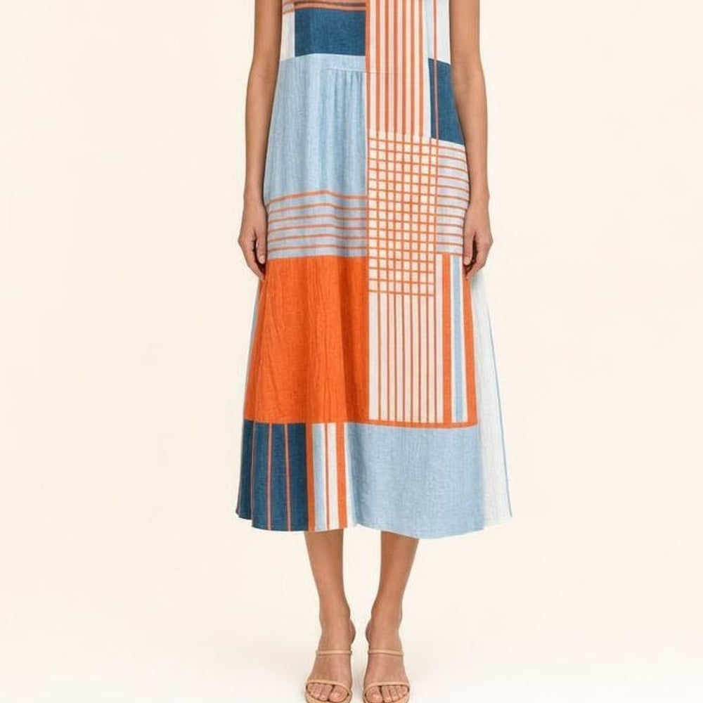 Women's Geometric Print Midi Dress in Orange, front view