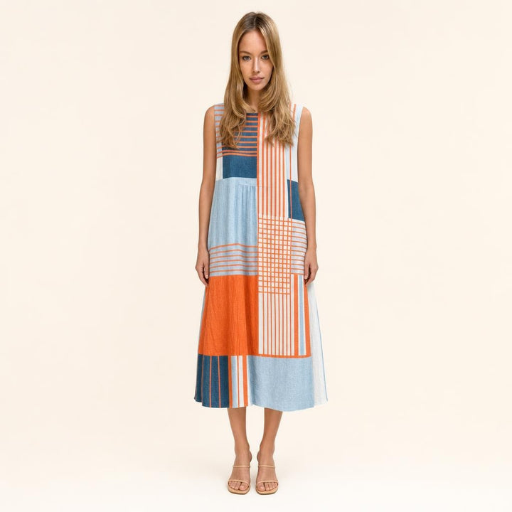 Women's Geometric Print Midi Dress in Orange, front view