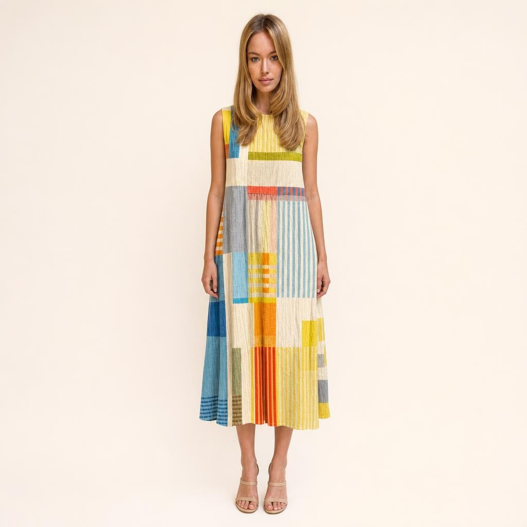 Women's Geometric Print Midi Dress in Yellow, front view