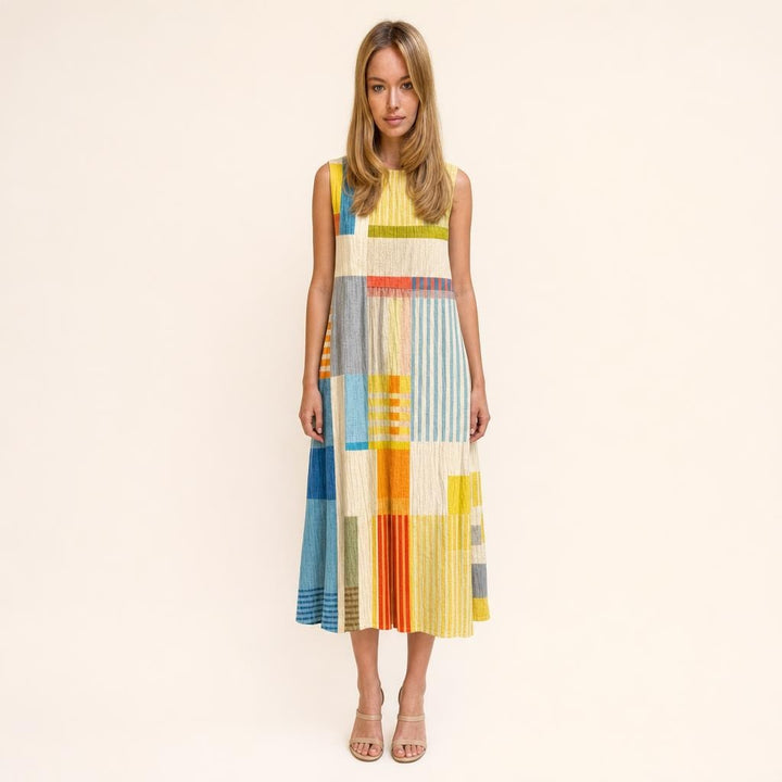 Women's Geometric Print Midi Dress in Yellow, front view
