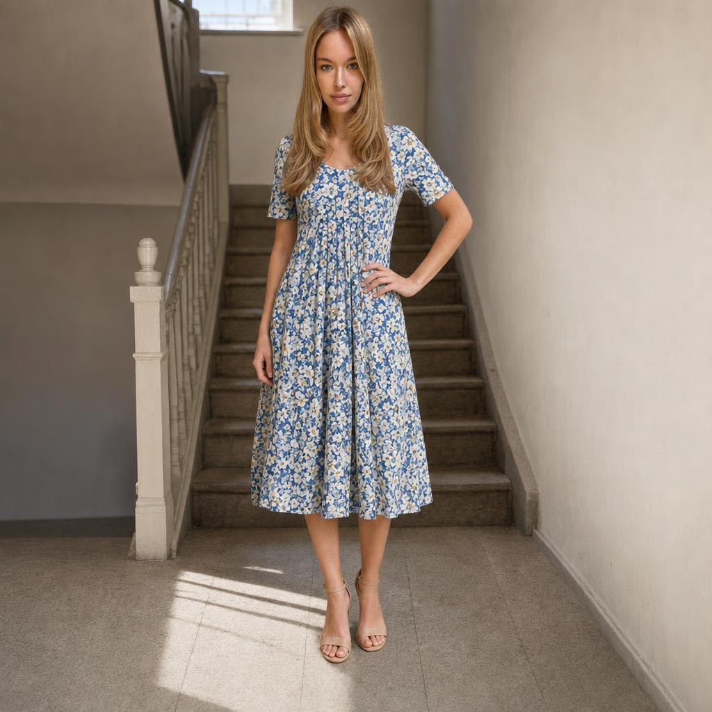 Women's Floral Midi Dress in Light Blue Flowers, front view