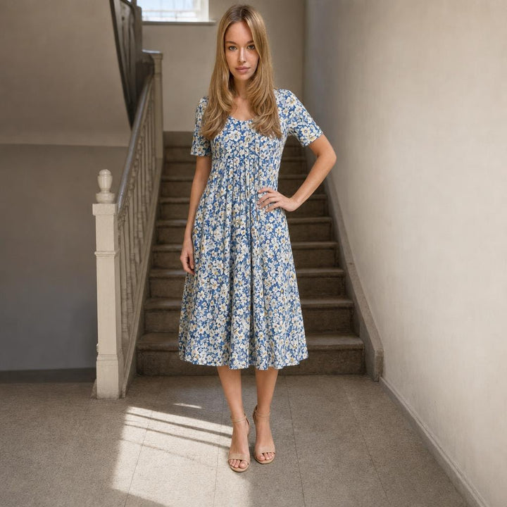 Women's Floral Midi Dress in Light Blue Flowers, front view