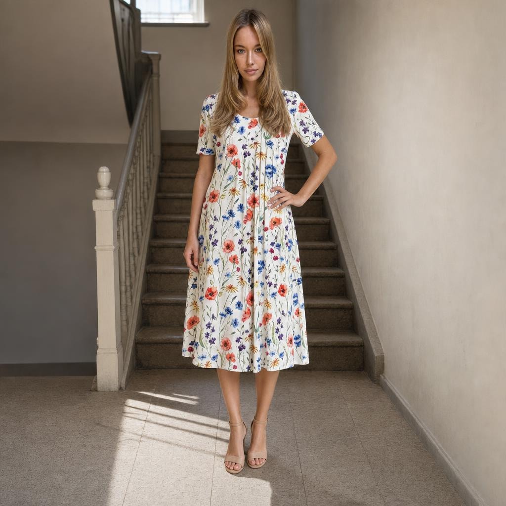 Women's Floral Midi Dress in Red Flowers, front view