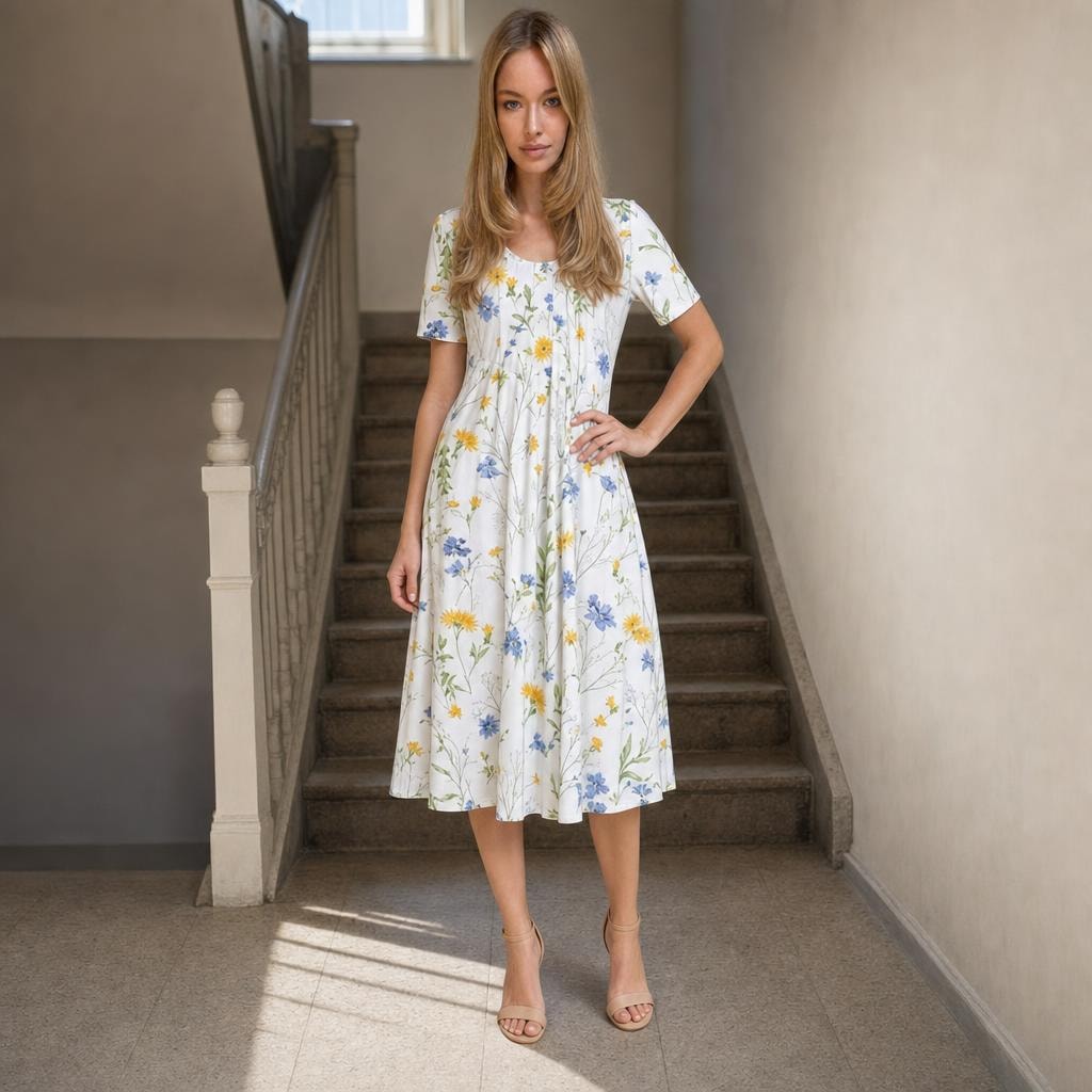 Women's Floral Midi Dress in Yellow Flowers, front view