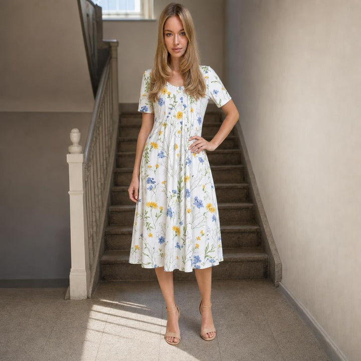 Women's Floral Midi Dress in Yellow Flowers, front view