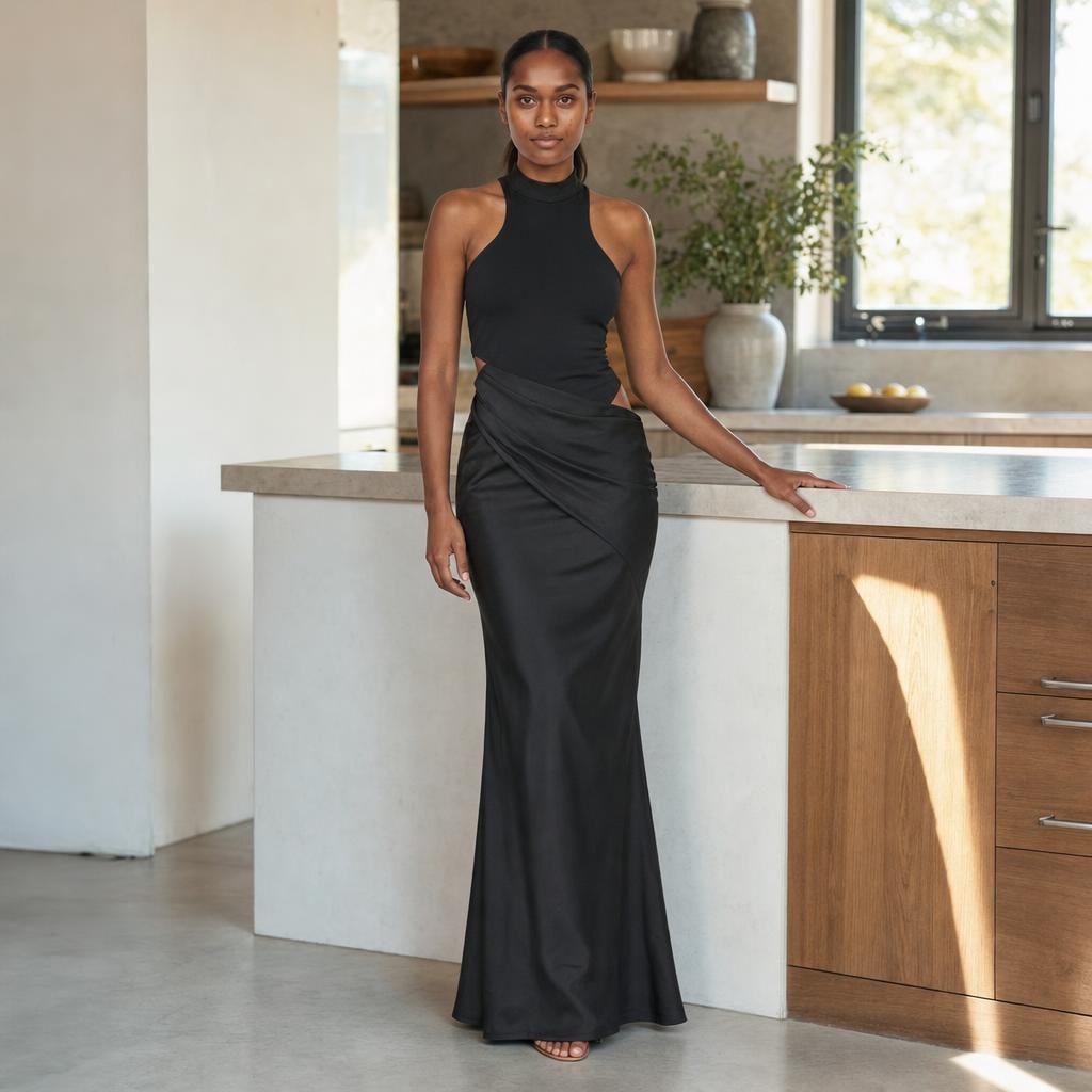 Women's Cut Out Halter Neck Maxi Dress in Black, front view