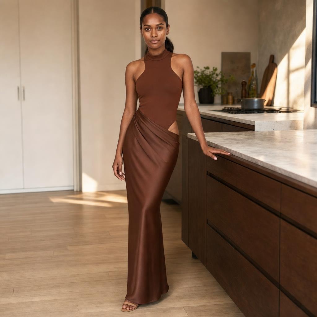 Women's Cut Out Halter Neck Maxi Dress in Brown, front view