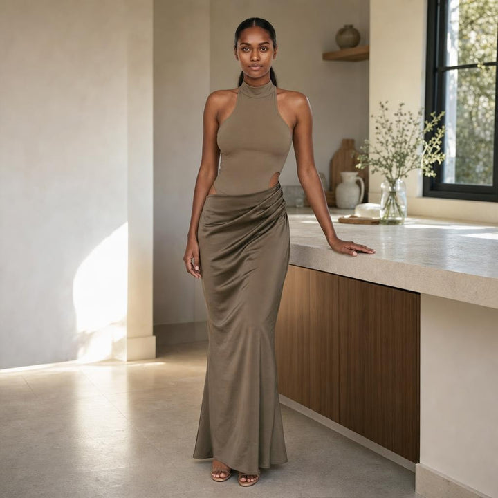 Women's Cut Out Halter Neck Maxi Dress in Khaki, front view