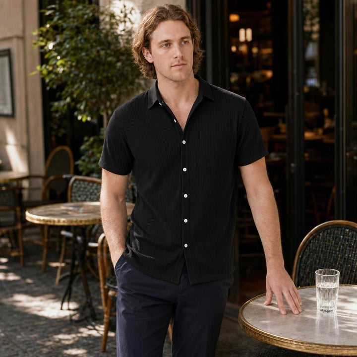 Men's Ribbed Short Sleeve Shirt in Black, front view