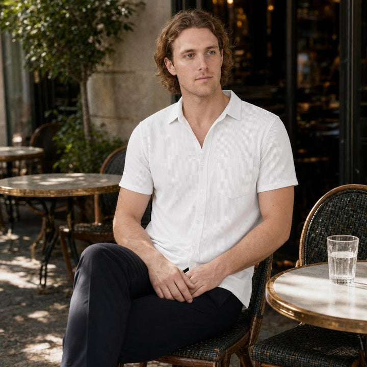 Men's Ribbed Short Sleeve Shirt in White, front view