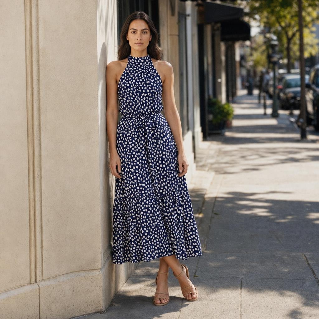 Women's Polka Dot Halter Midi Dress in Navy, front view
