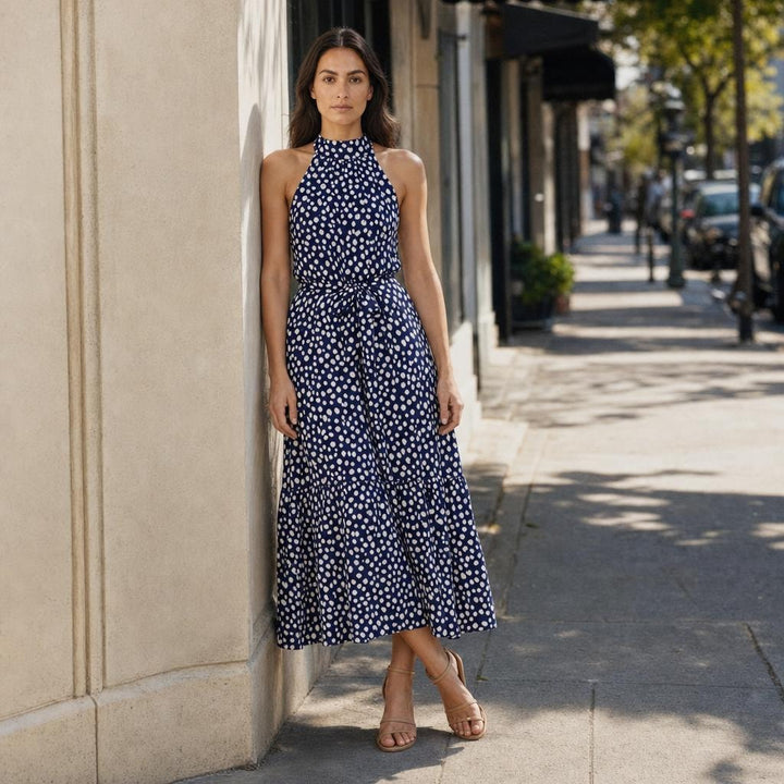 Women's Polka Dot Halter Midi Dress in Navy, front view