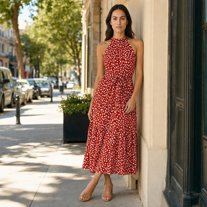 Women's Polka Dot Halter Midi Dress in Red, front view