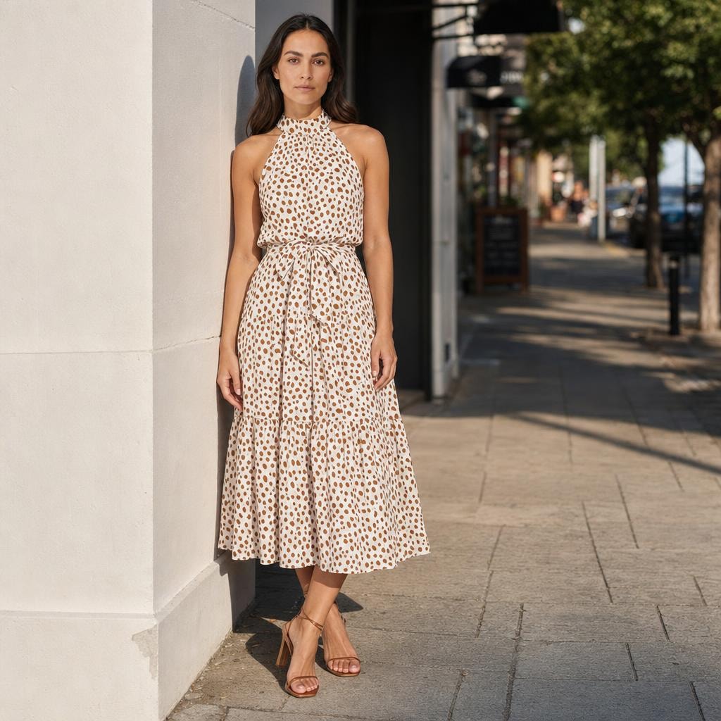 Women's Polka Dot Halter Midi Dress in White, front view