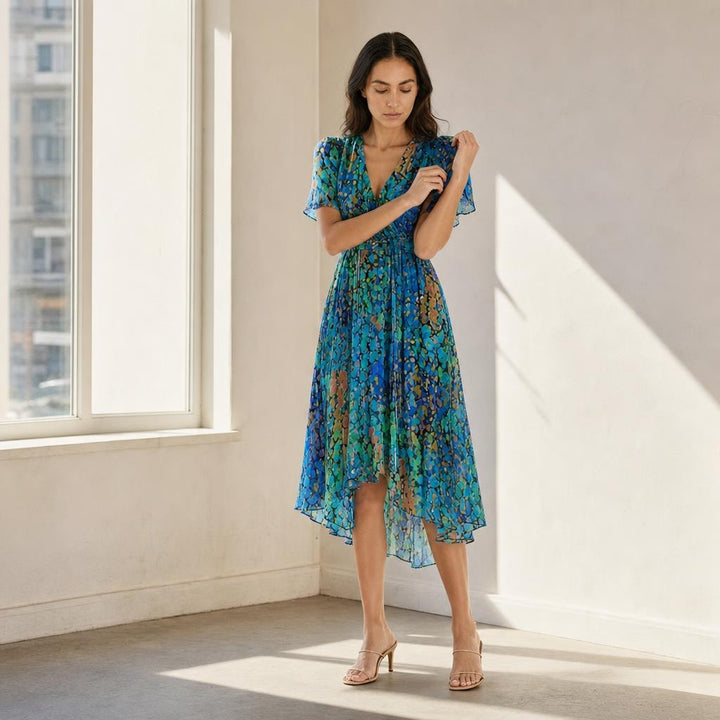 Women's Short Sleeve Printed Midi Dress in Blue, front view