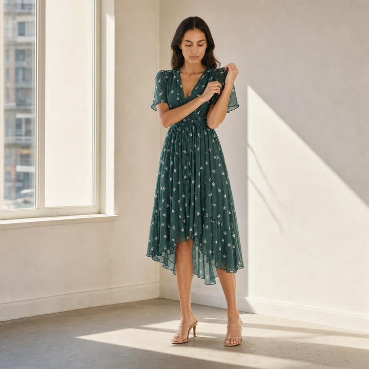Women's Short Sleeve Printed Midi Dress in Green, front view