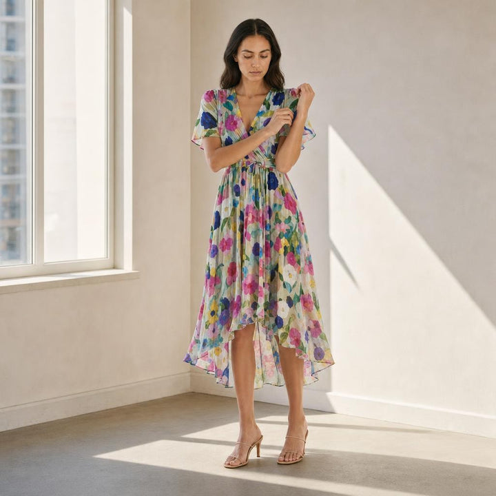 Women's Short Sleeve Printed Midi Dress in Multicolor, front view