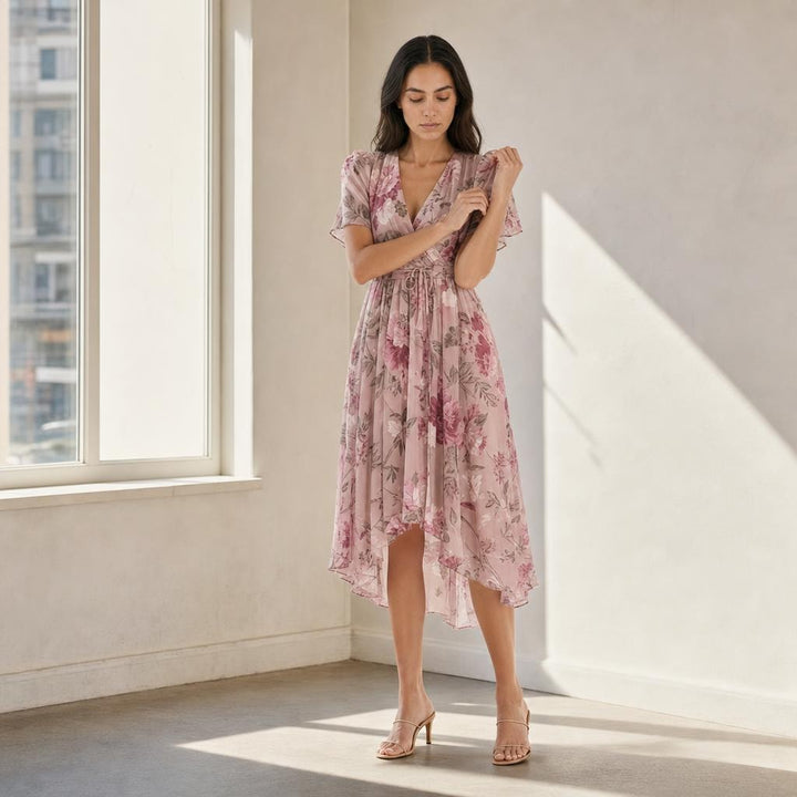 Women's Short Sleeve Printed Midi Dress in Pink, front view