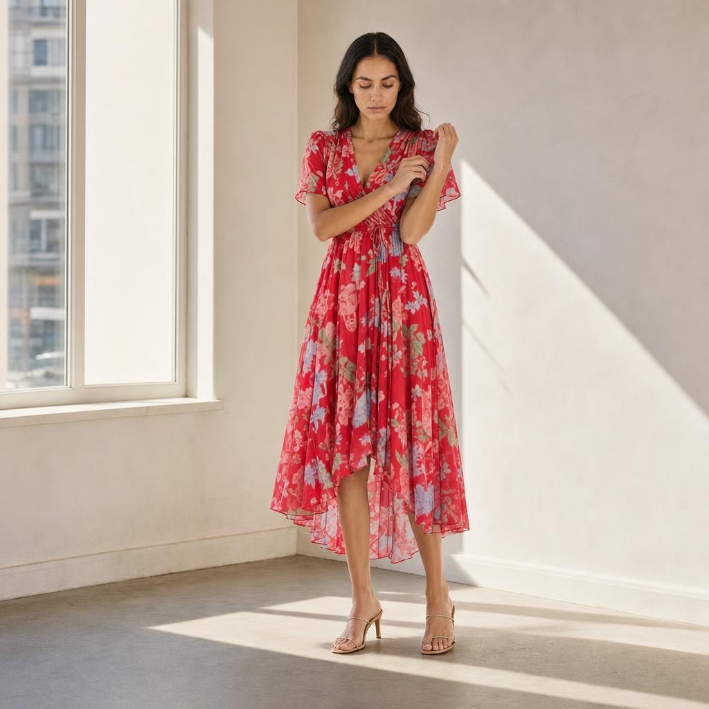 Women's Short Sleeve Printed Midi Dress in Red, front view