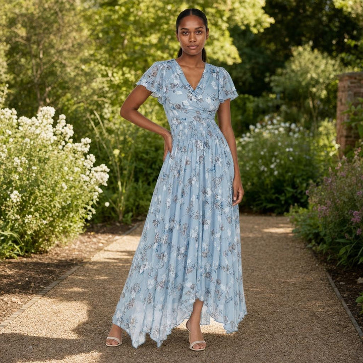 Women's Floral Wedding Guest Maxi Dress in Blue, front view