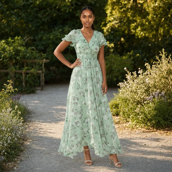 Women's Floral Wedding Guest Maxi Dress in Green, front view