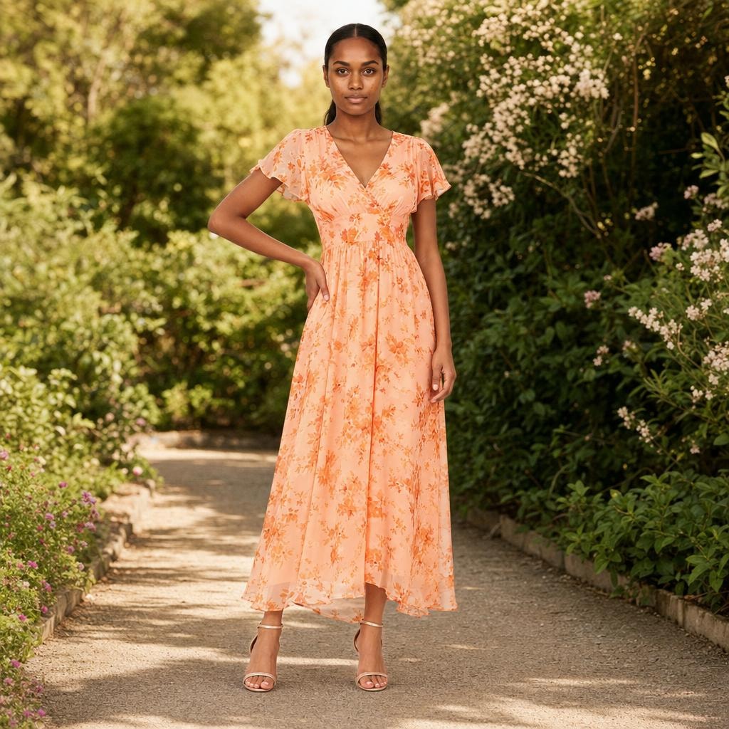 Women's Floral Wedding Guest Maxi Dress in Orange, front view