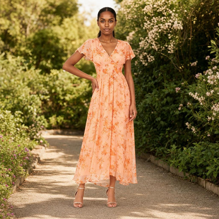 Women's Floral Wedding Guest Maxi Dress in Orange, front view