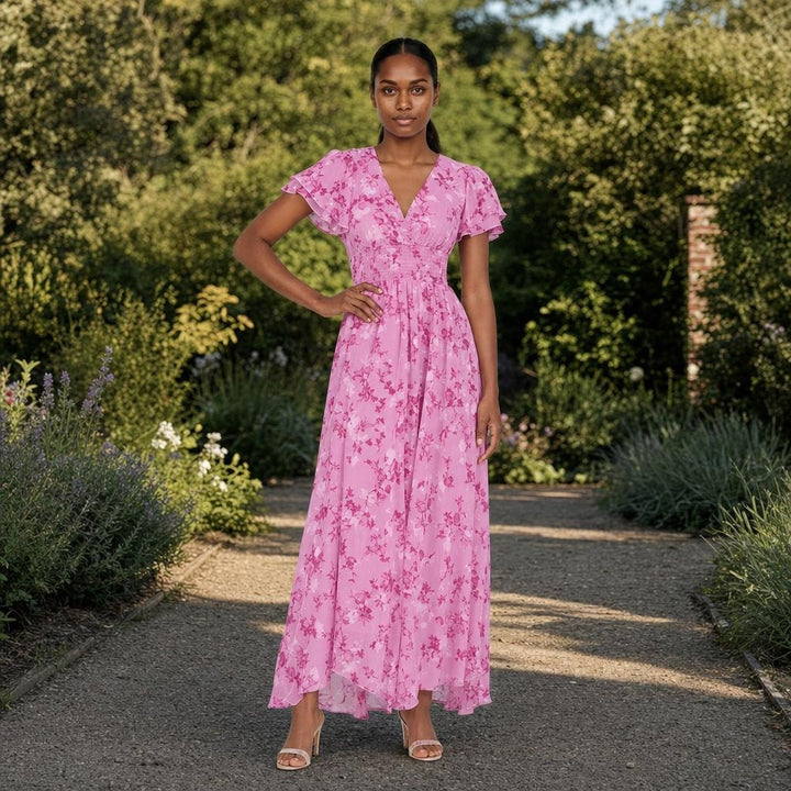 Women's Floral Wedding Guest Maxi Dress in Pink, front view