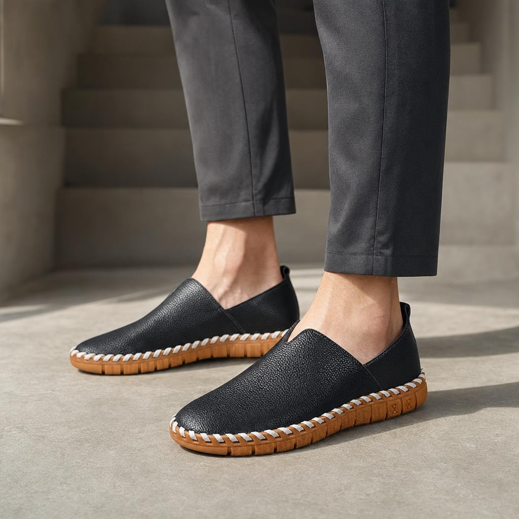 Men's Hand Stitched Loafer Shoes in Black, front view