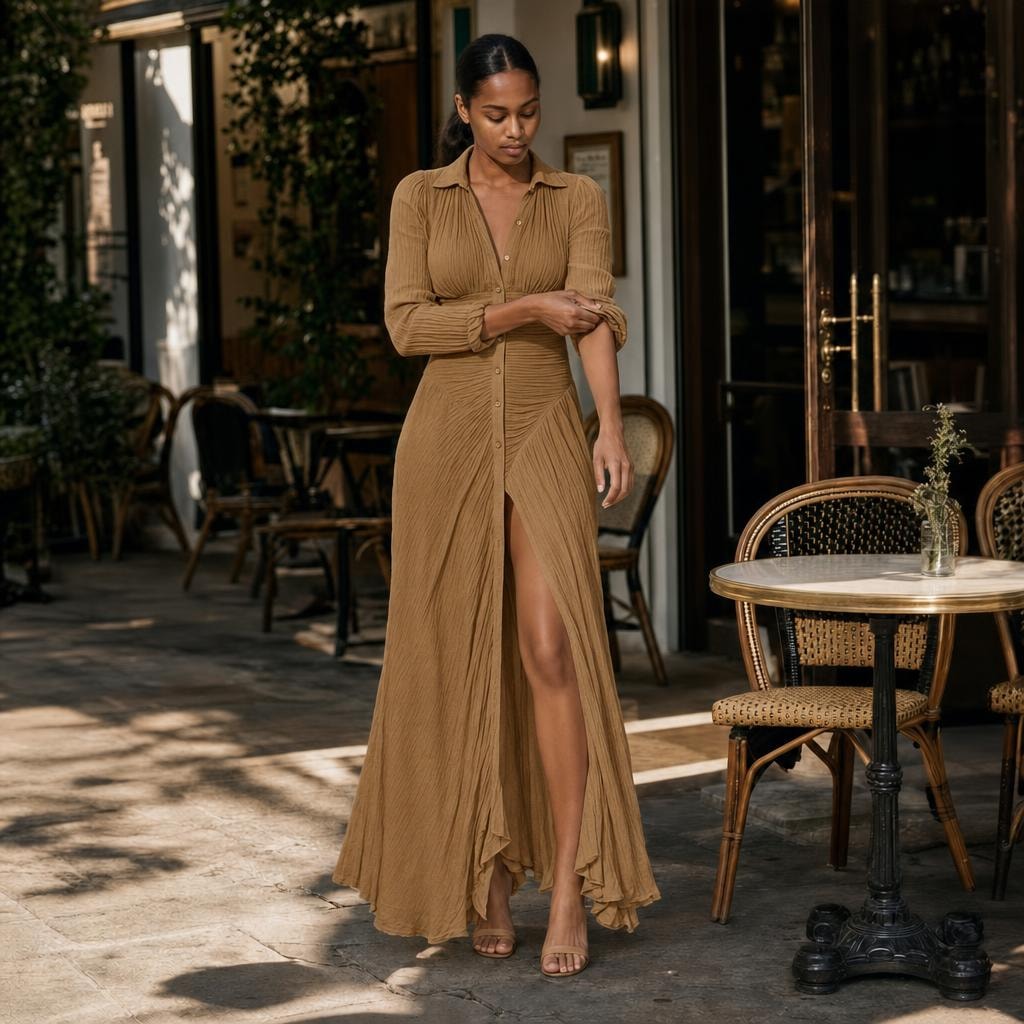 Women's Button Down Long Sleeve Maxi Dress in Brown, front view