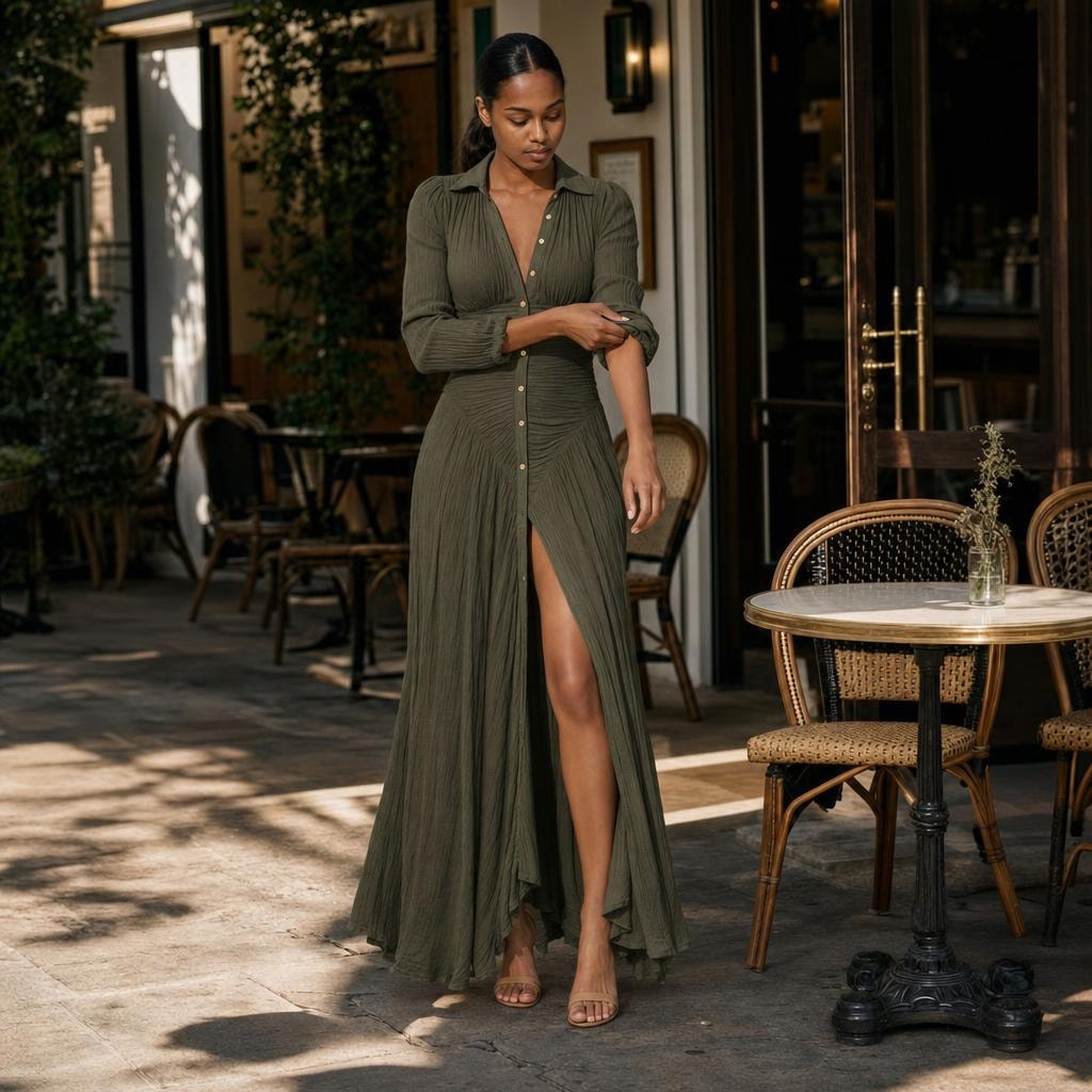 Women's Button Down Long Sleeve Maxi Dress in Green, front view