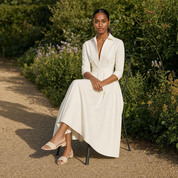 Women's Collared Midi Dress in Beige, front view