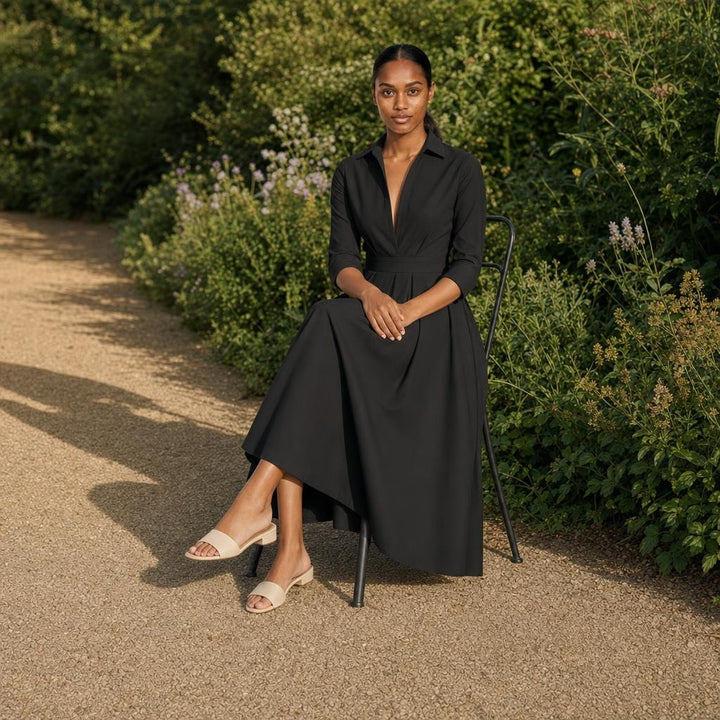 Women's Collared Midi Dress in Black, front view