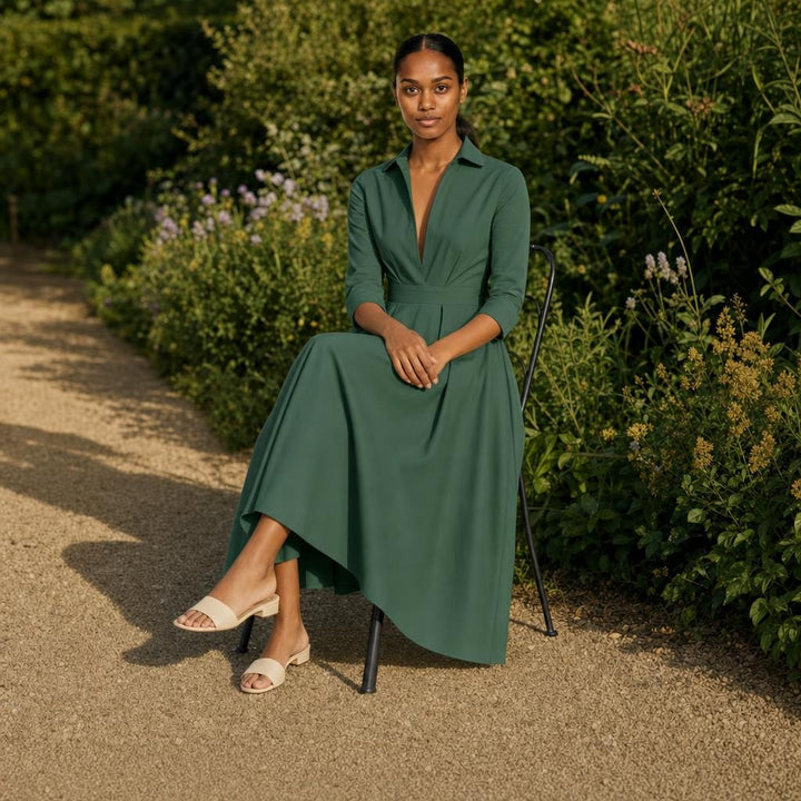 Women's Collared Midi Dress in Green, front view