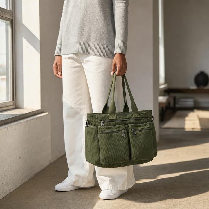 Women's Corduroy Laptop Tote Bag in Army Green, front view