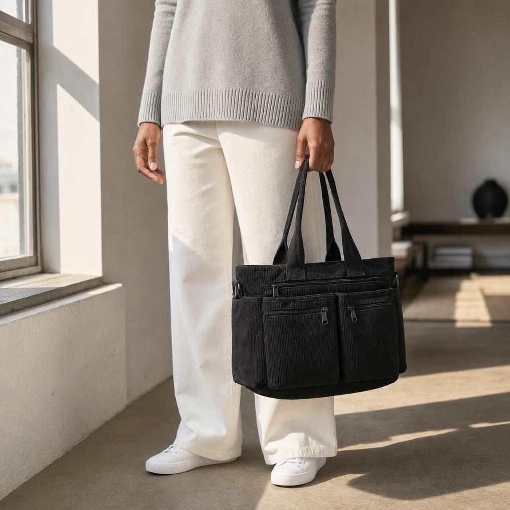 Women's Corduroy Laptop Tote Bag in Black, front view