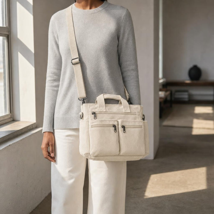 Women's Corduroy Laptop Tote Bag in Cream, front view