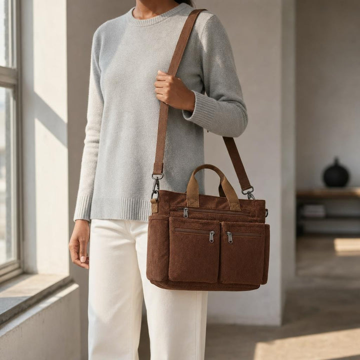 Women's Corduroy Laptop Tote Bag in Rust Brown, front view