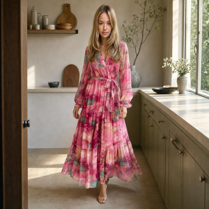 Women's Pleated Floral Maxi Dress in Rose Red, front view
